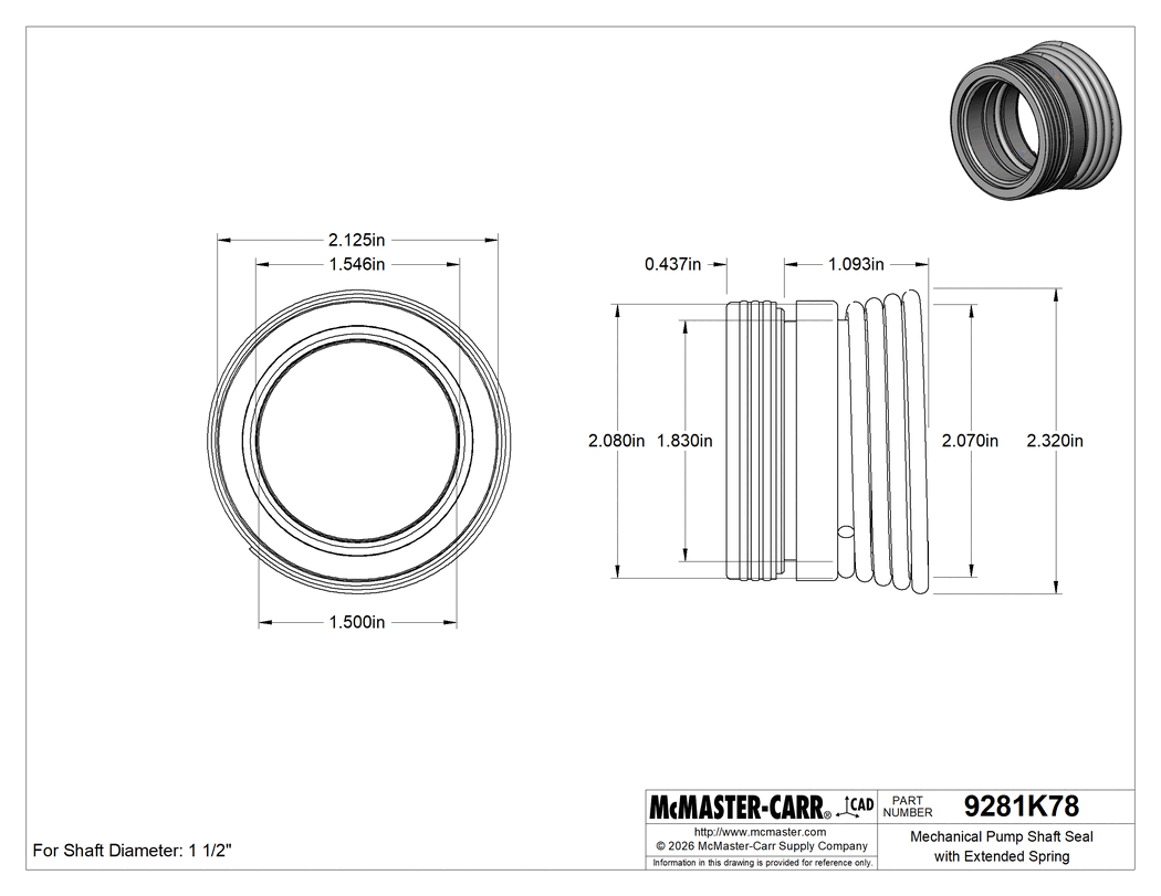 Technical Drawing of Mechanical Pump Shaft Seal with Extended Spring, Viton® Gasket, for 1.5" Shaft Diameter, 11558 Number .